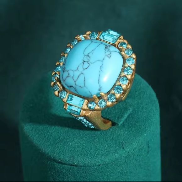 Anthropologie Jewelry - Royal Turquoise Cocktail Ring 18K Gold Diamond-Style Halo